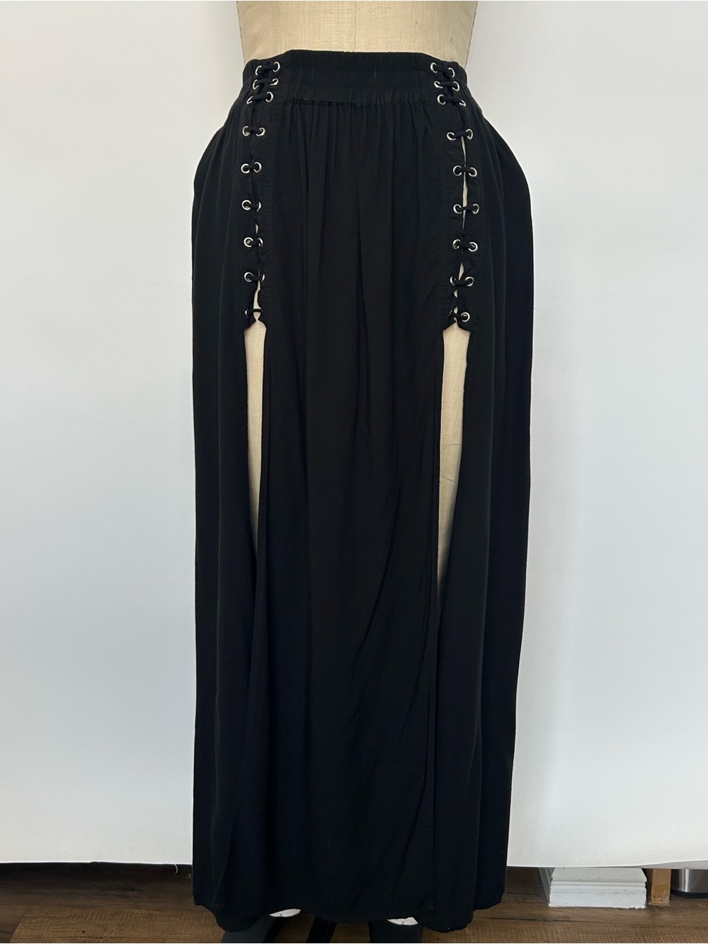 Indah Black Lace-Up Side Split Maxi Skirt